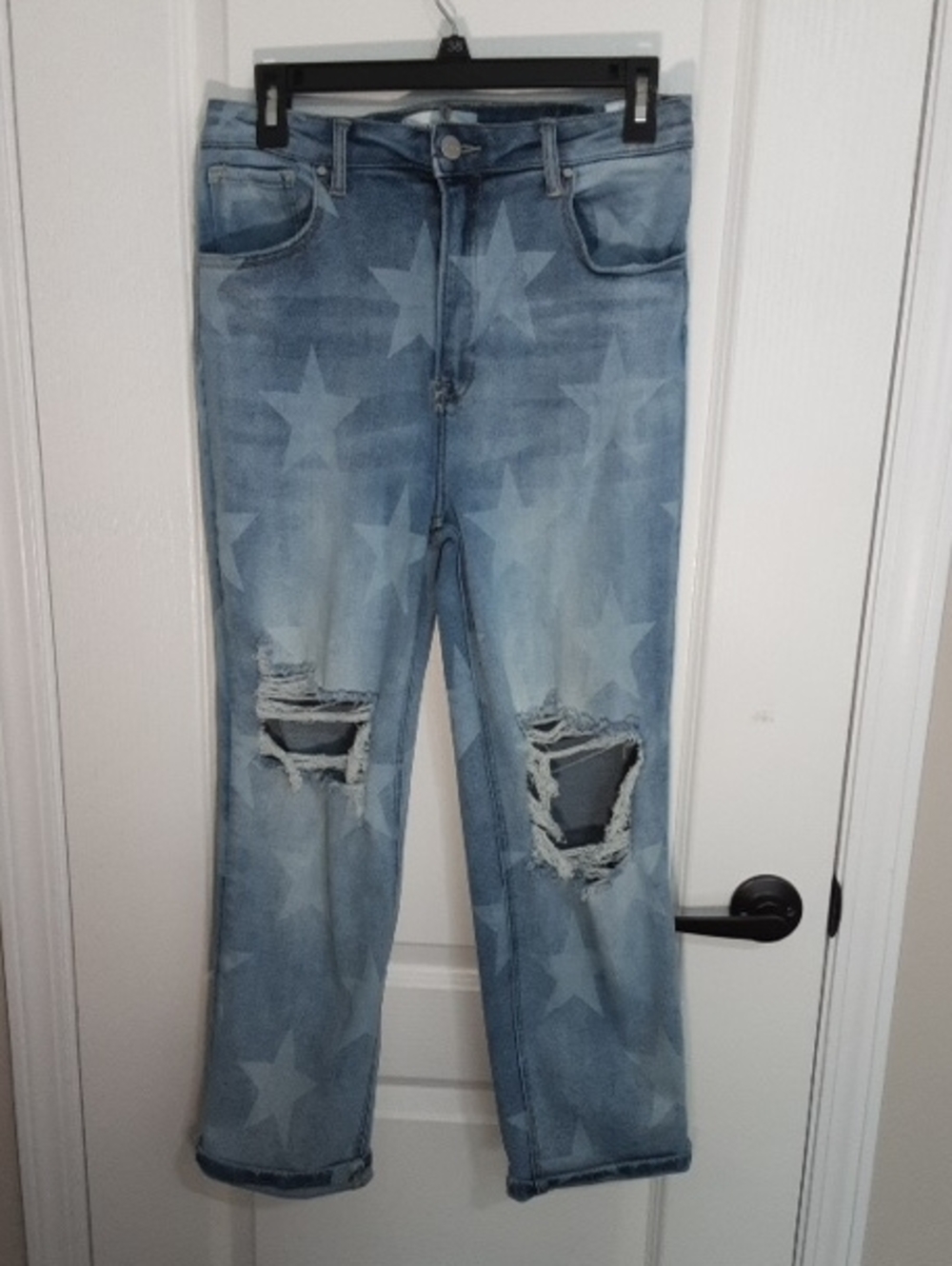 Light Blue Star-Print Straight Leg Jeans with Distressed Knees